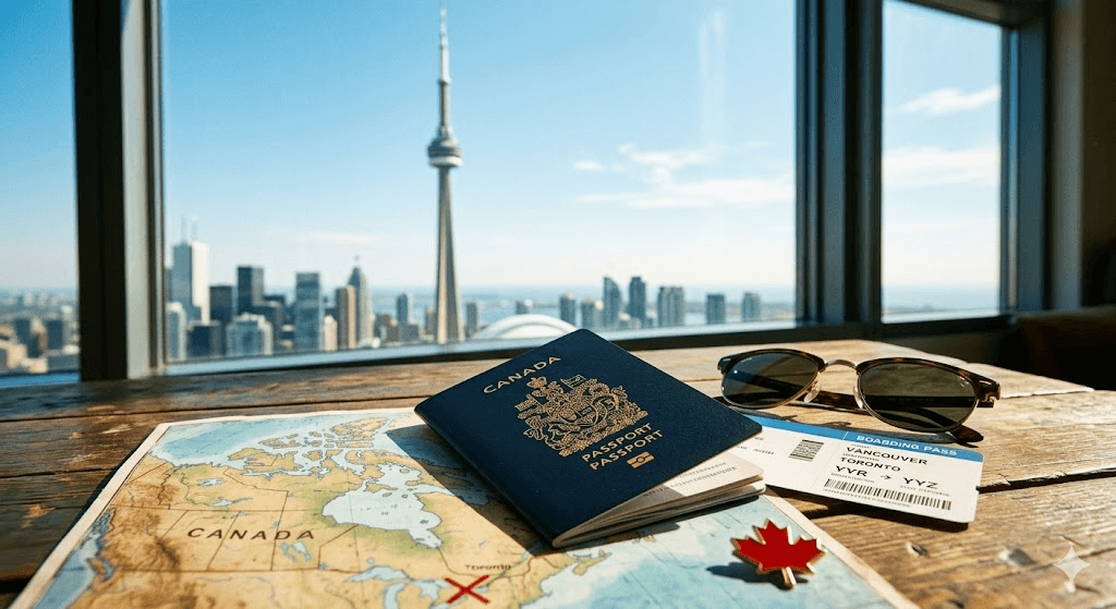 A Canadian passport and boarding pass resting on a map, with the Toronto skyline and CN Tower in the background